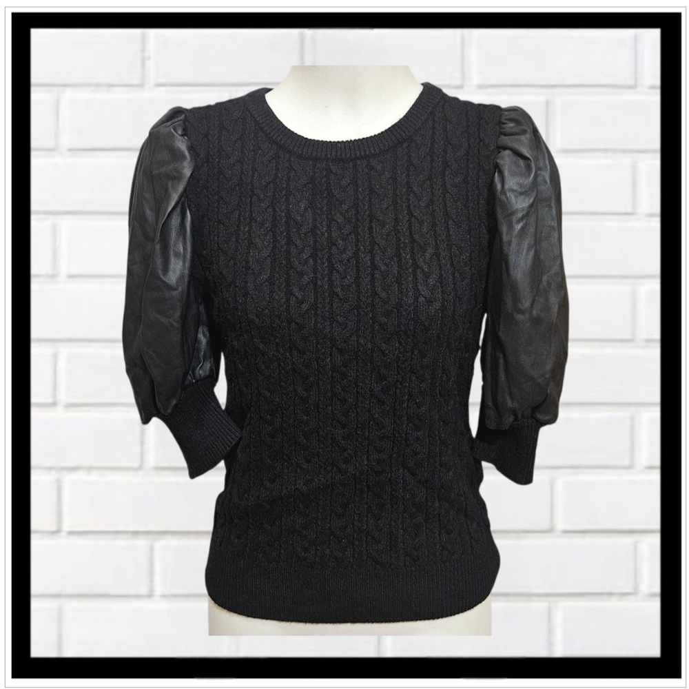 TAHARI Black Cable Knit Sweater with Leather Puff Sleeves Sz Small